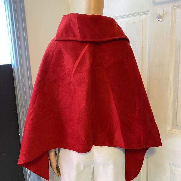 Women One Size Fit Most Poncho Cap Shawl Over Top Jacket Red Woolblend Asymetric - Picture 5 of 9